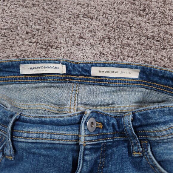 Pilcro Anthropologie Slim Boyfriend Jeans 27 Patterned Knee Patches FLAW - Picture 3 of 16